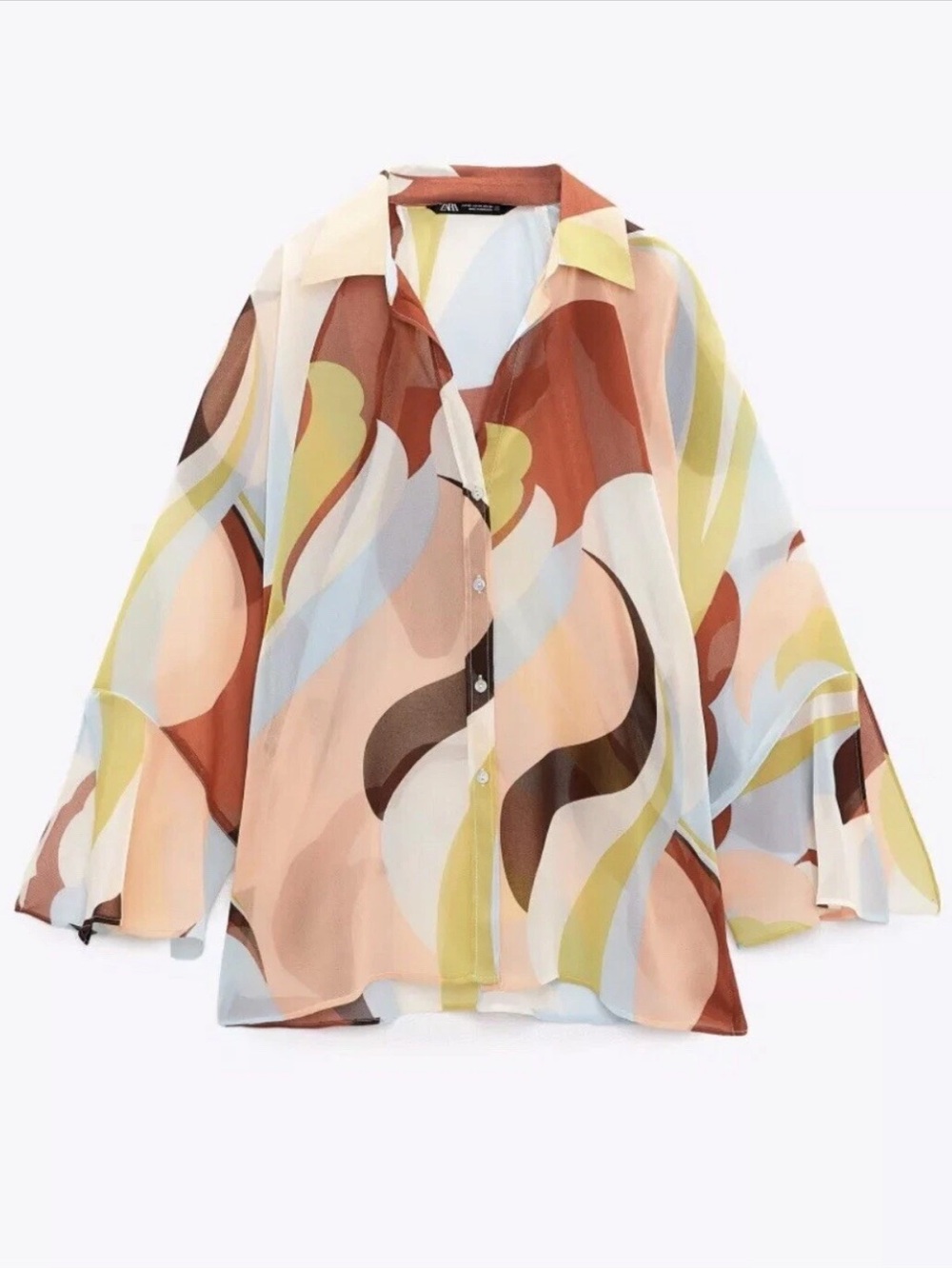 Zara Sheer Abstract Wave Print Button-Front Blouse - Multicolor